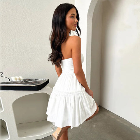 Vestido vacacional plisado de corte A con cintura cruzada