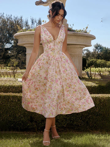 Vestido vacacional de corte A con estampado cruzado en la cintura