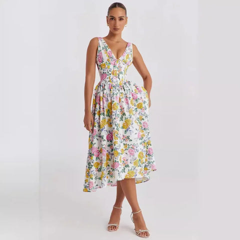 Vestido vacacional de corte A con estampado cruzado en la cintura