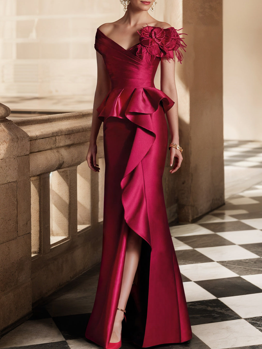 Vestidos de madre de la novia con hombros descubiertos, corte trompeta/sirena y abertura lateral 