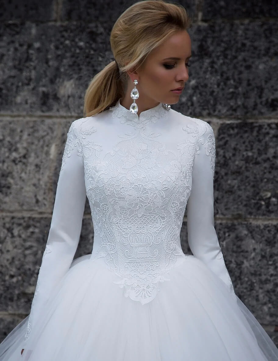 Tulle Ball Gown High Collar Long Sleeves Wedding Dresses, Wedding Gown