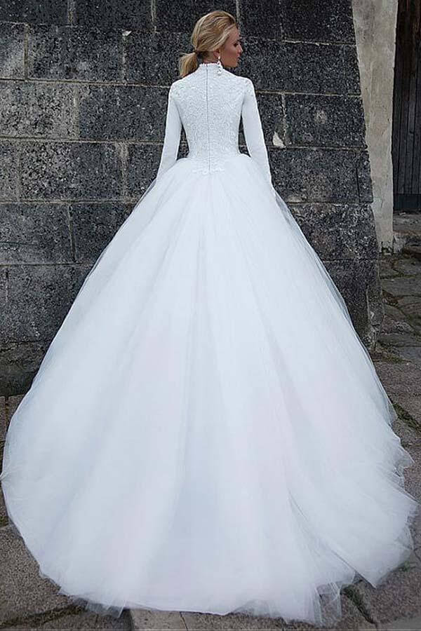 Tulle Ball Gown High Collar Long Sleeves Wedding Dresses, Wedding Gown