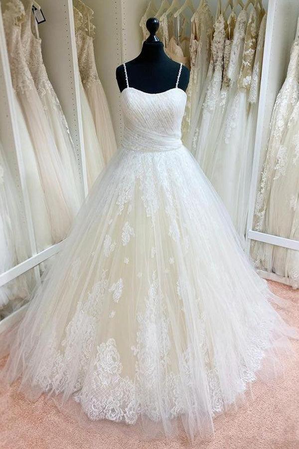 Tulle Lace Spaghetti Straps Appliqued Ball Gown Wedding Dresses