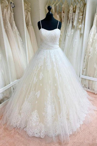 Tulle Lace Spaghetti Straps Appliqued Ball Gown Wedding Dresses