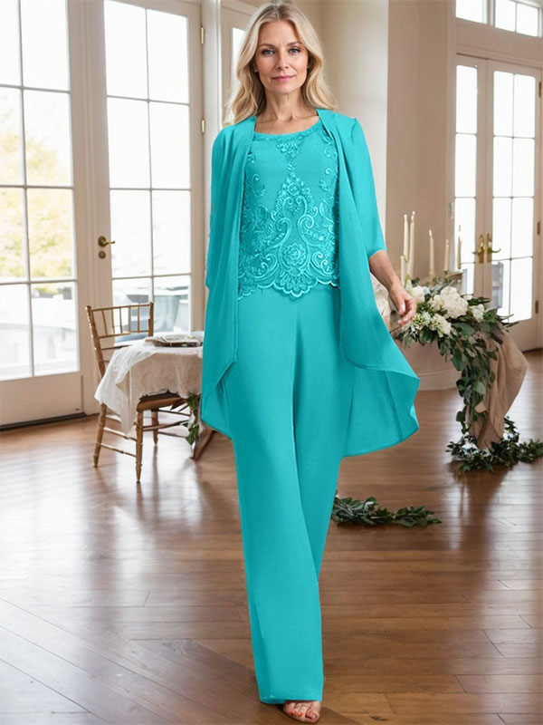 Vestido de madre de la novia de gasa con encaje, escote redondo y lentejuelas y mono/pantalón separado 