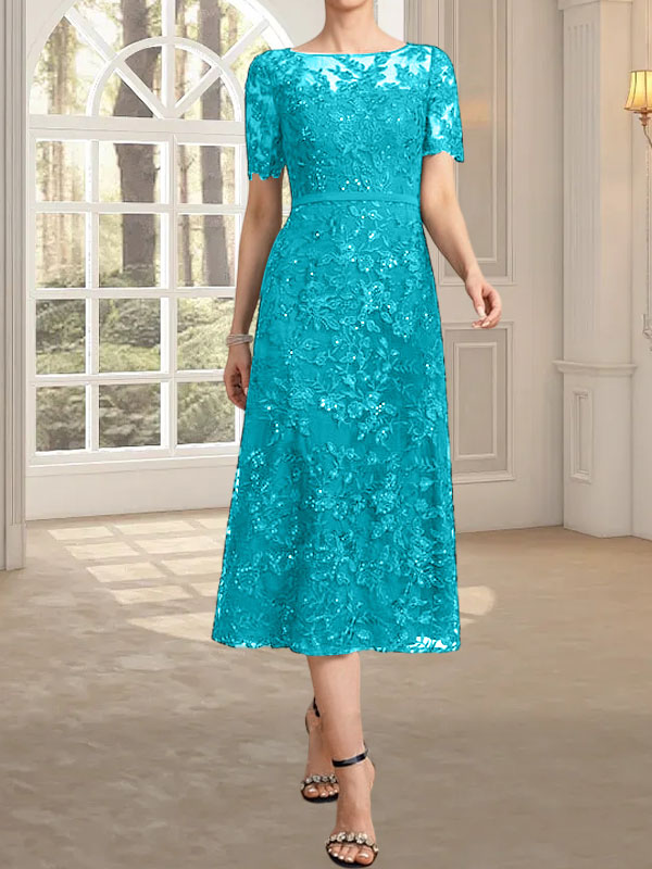 A-Linien-Kleid mit Rundhalsausschnitt, Illusion-Ausschnitt, Teelänge, Spitze und Pailletten für die Mutter der Braut