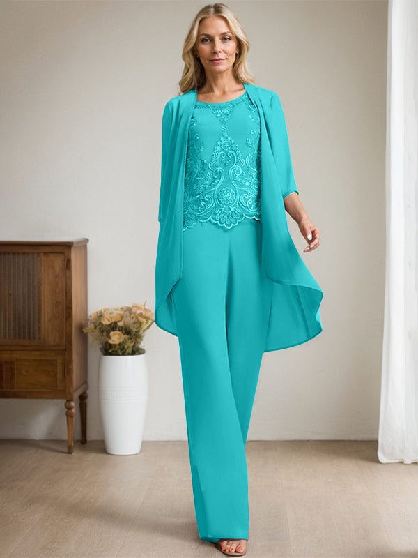 Vestido de madre de la novia de gasa con encaje, escote redondo y lentejuelas y mono/pantalón separado 
