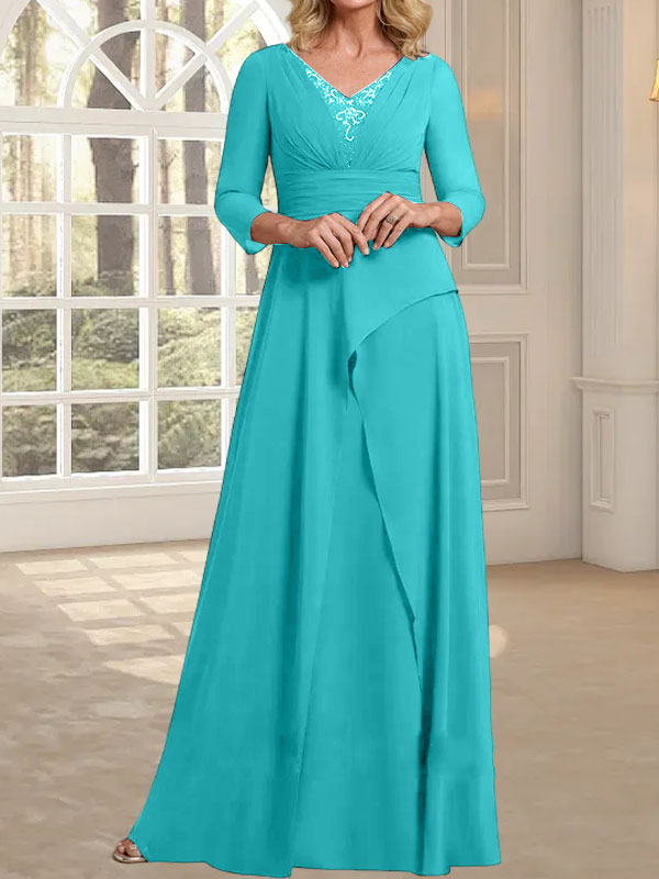 A-Linien-Kleid aus Chiffon mit V-Ausschnitt, bodenlang, für die Mutter der Braut, mit plissierter Perlenstickerei