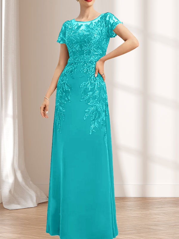 Vestido de gasa con encaje y lentejuelas para madre de la novia, largo hasta el suelo, con escote redondo e ilusión