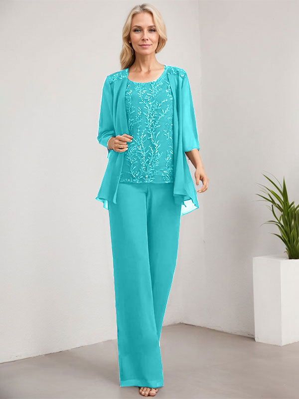 Vestido de madre de la novia de gasa con encaje y lentejuelas, con escote redondo y largo hasta el suelo, con mono/pantalón separado