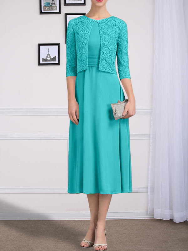 Vestido de gasa para madre de la novia, corte A, escote redondo, largo hasta la rodilla, con pliegues