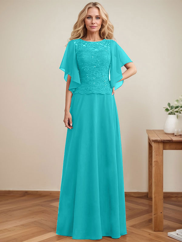 A-Linien-Kleid mit Rundhalsausschnitt, Illusion-Effekt, bodenlang, aus Chiffon und Spitze mit Pailletten – das perfekte Brautmutterkleid 