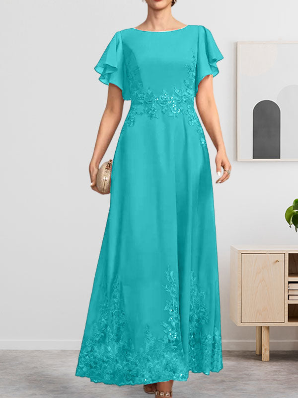A-Linien-Kleid mit Rundhalsausschnitt, knöchellang, aus Spitze und Chiffon, mit Pailletten besetzt