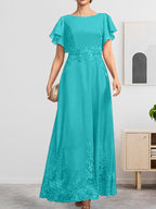 A-Linien-Kleid mit Rundhalsausschnitt, knöchellang, aus Spitze und Chiffon, mit Pailletten besetzt