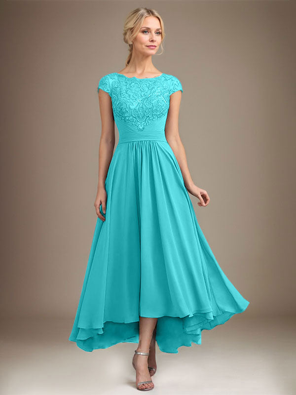 A-Linien-Kleid aus Chiffon mit asymmetrischem, plissiertem Spitzeneinsatz und Illusion-Ausschnitt für die Mutter der Braut 
