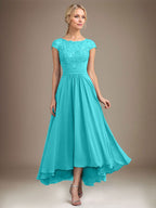 A-Linien-Kleid aus Chiffon mit asymmetrischem, plissiertem Spitzeneinsatz und Illusion-Ausschnitt für die Mutter der Braut 