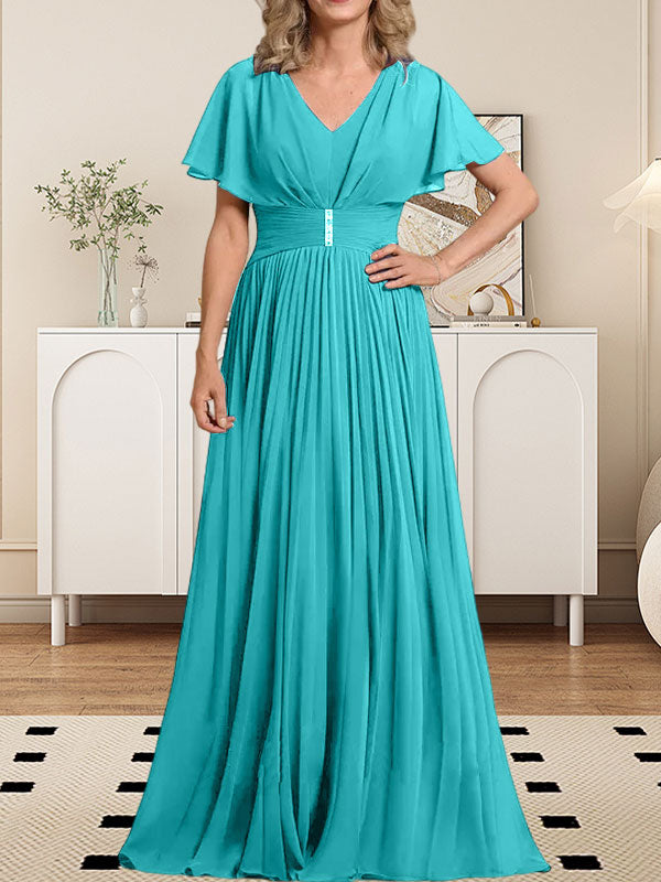 A-Linien-Chiffonkleid mit V-Ausschnitt, bodenlang, für die Mutter der Braut, mit Kristallbrosche und Falten 
