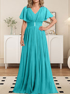 A-Linien-Chiffonkleid mit V-Ausschnitt, bodenlang, für die Mutter der Braut, mit Kristallbrosche und Falten 