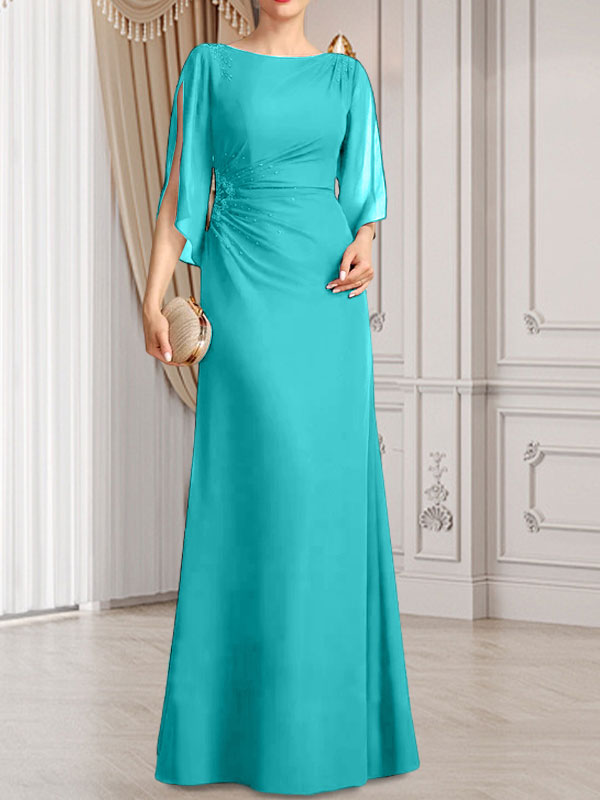 Etui-/Säulen-Chiffonkleid in Bodenlänge für die Mutter der Braut mit plissierter Perlenstickerei