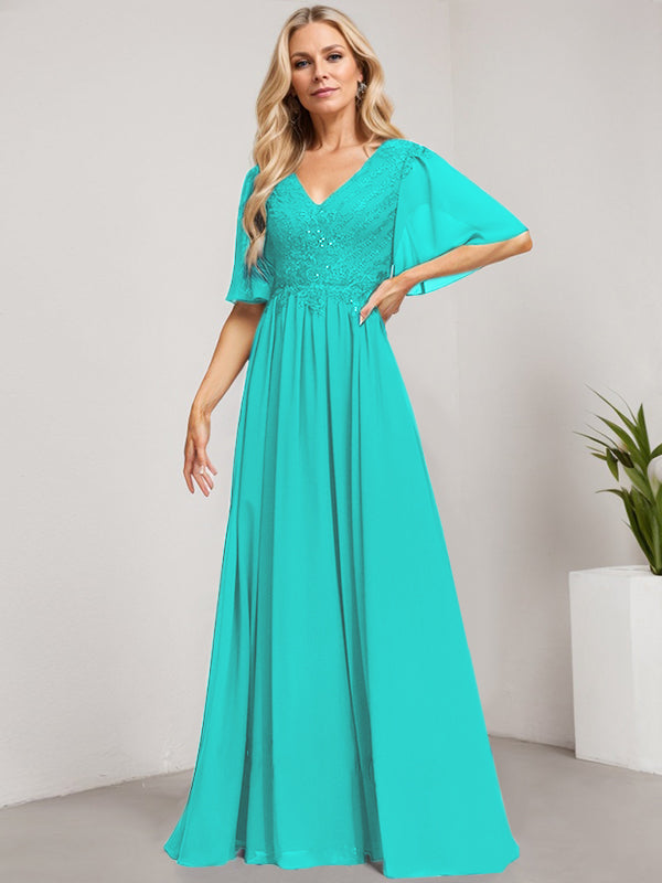 Vestido de gasa con encaje y lentejuelas para madre de la novia, corte A, escote en V y largo hasta el suelo 