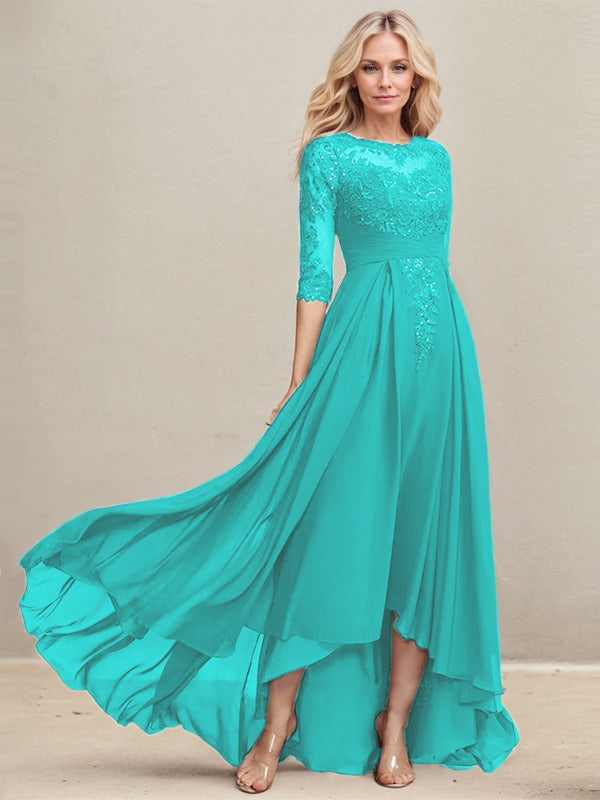 A-Linien-Kleid mit asymmetrischem Ausschnitt, Illusion-Effekt, Spitze und Chiffon, verziert mit plissierten Pailletten, ideal für die Mutter der Braut 