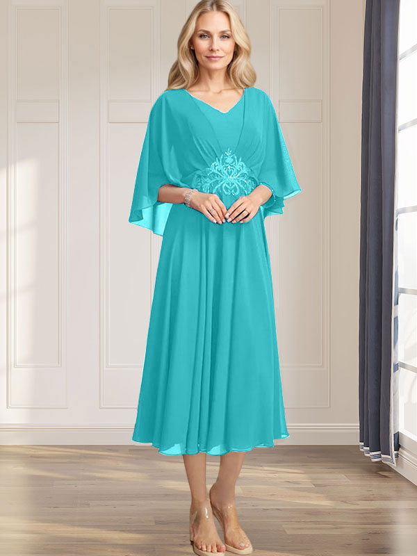 A-Linien-Kleid aus Chiffon mit V-Ausschnitt, Teelänge, plissierten Paillettenapplikationen und Perlenstickerei für die Mutter der Braut 
