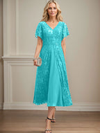 A-Linien-Kleid aus Chiffon mit V-Ausschnitt und Teelänge für die Mutter der Braut 