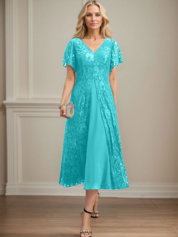 A-Linien-Kleid aus Chiffon mit V-Ausschnitt und Teelänge für die Mutter der Braut 