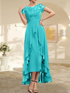 A-Linien-Kleid mit asymmetrischem Chiffon-Spitzenausschnitt, Schleife, Rüschen und Pailletten für die Mutter der Braut 