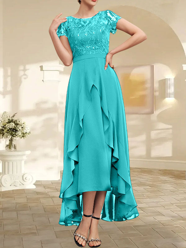 Vestido de madre de la novia de gasa asimétrica con escote en A, ilusión, encaje, lazo, volantes y lentejuelas 