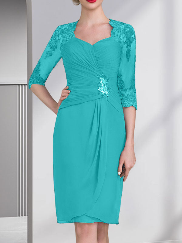 Etuikleid/Säulenkleid mit Herzausschnitt, knielang, aus Chiffon für die Mutter der Braut mit Perlenapplikationen, Spitze, Pailletten und Falten