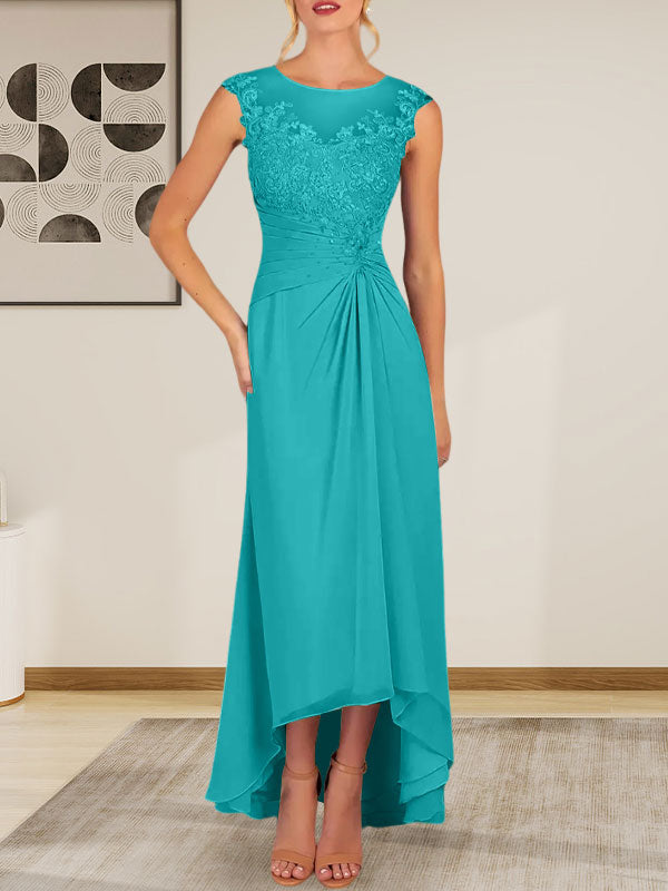 Champagnerfarbenes A-Linien-Chiffonkleid mit Rundhalsausschnitt und Spitze