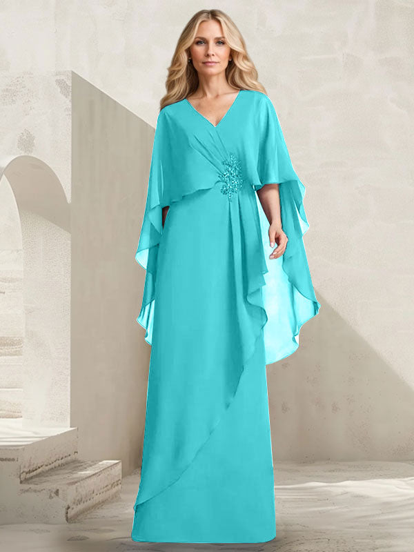 A-Linien-Kleid aus Chiffon mit V-Ausschnitt, bodenlang, mit Kaskadenrüschen und Perlenstickerei für die Mutter der Braut. 
