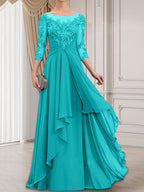 A-Linien-Kleid mit U-Boot-Ausschnitt, Illusion-Effekt, bodenlang, aus Chiffon und Spitze, mit Kaskadenrüschen – perfekt für die Mutter der Braut