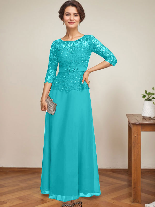Vestido de gasa con encaje y escote ilusión hasta los tobillos para madre de la novia con cuentas de diamantes de imitación 