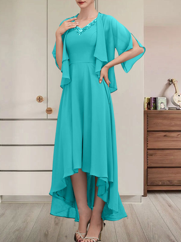 A-Linien-Kleid aus Chiffon mit V-Ausschnitt, asymmetrischem Muster und Perlen- und Paillettenbesatz für die Mutter der Braut
