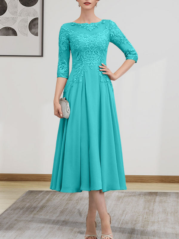 A-Linien-Kleid mit U-Boot-Ausschnitt, Illusion-Detail, Teelänge, Chiffonspitze, Perlenstickerei und Pailletten für die Mutter der Braut
