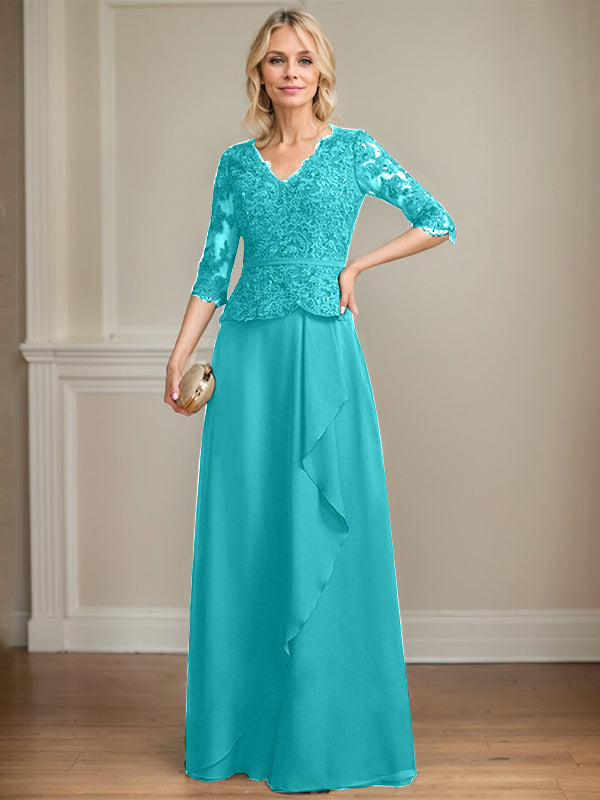 A-Linien-Kleid aus Chiffon mit V-Ausschnitt, bodenlang, mit Spitze, Kaskadenrüschen und Pailletten für die Mutter der Braut 