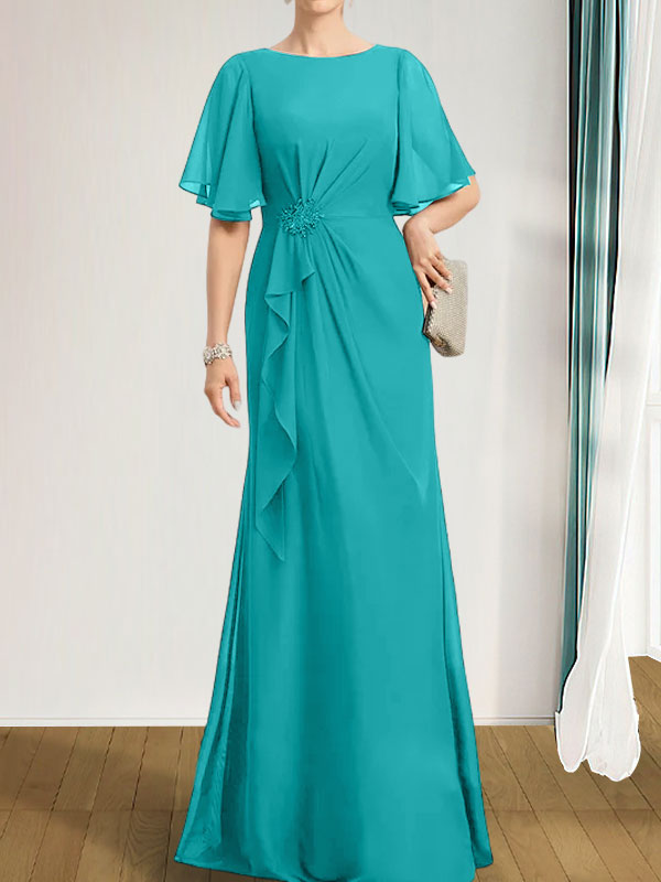 A-Linien-Kleid aus Chiffon in Bodenlänge für die Mutter der Braut mit kaskadenartigen Rüschen, Perlen und Pailletten
