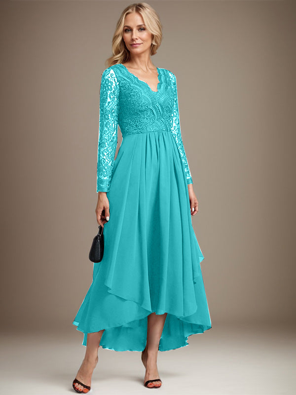 A-Linien-Kleid aus Chiffon mit V-Ausschnitt und asymmetrischer Spitze für die Mutter der Braut