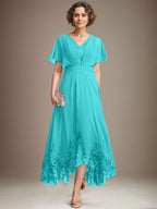A-Linien-Kleid aus Chiffon mit asymmetrischem V-Ausschnitt und Spitze für die Mutter der Braut mit Falten