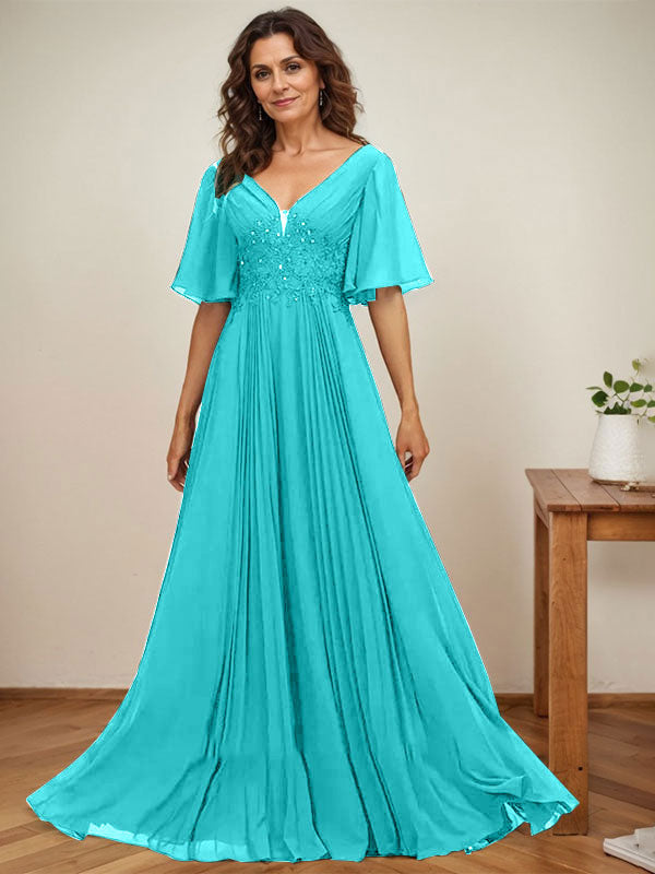 A-Linien-Kleid aus Chiffon mit V-Ausschnitt, bodenlang, mit Paillettenapplikationen, Spitze und Falten für die Mutter der Braut 