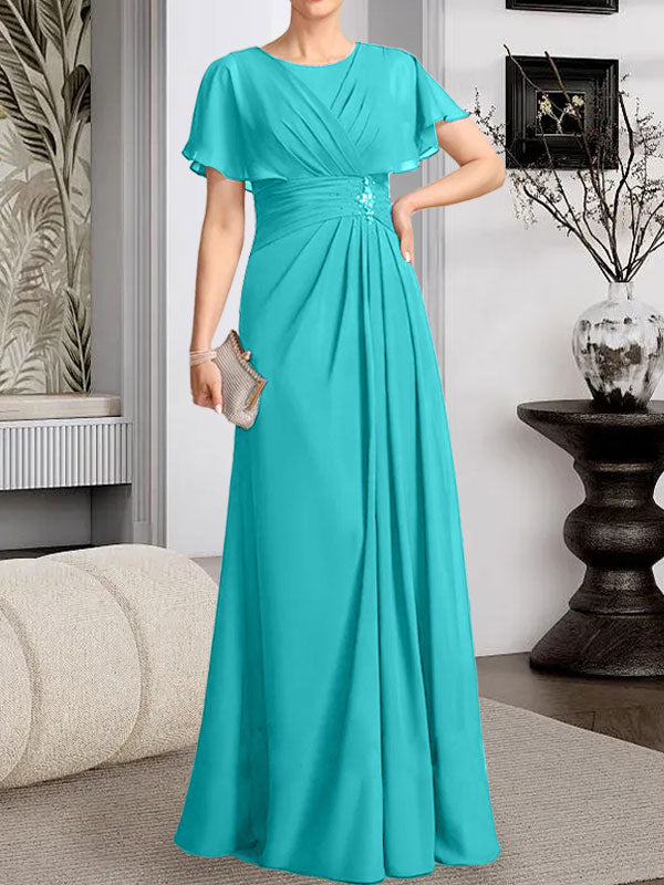 A-Linien-Kleid aus Chiffon mit Rundhalsausschnitt und bodenlanger Verarbeitung, verziert mit plissierten Perlen.