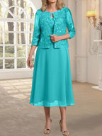 Vestido de gasa con encaje y lentejuelas para madre de la novia, corte A, escote redondo y largo hasta la rodilla 