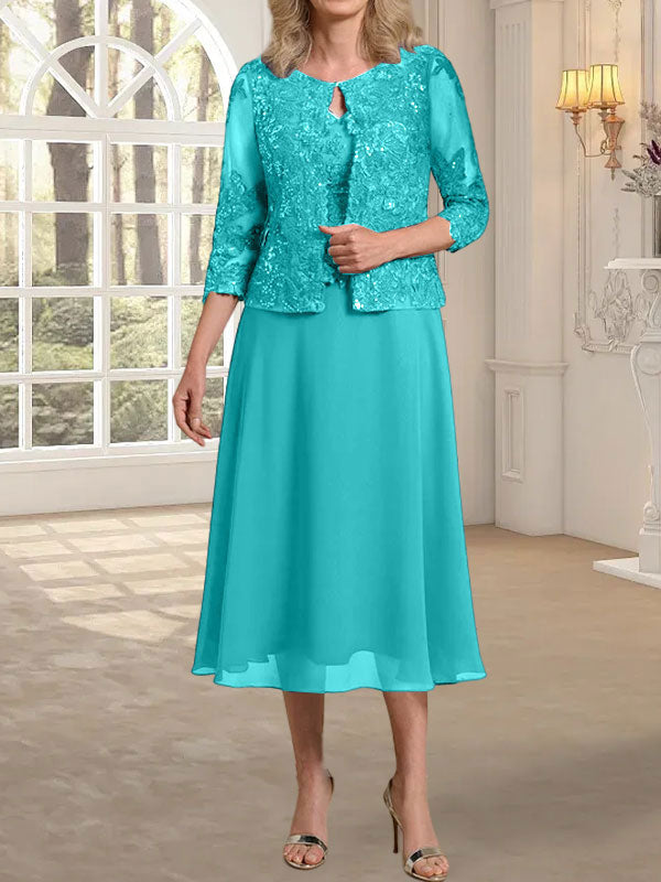 Vestido de gasa con encaje y lentejuelas para madre de la novia, corte A, escote redondo y largo hasta la rodilla 
