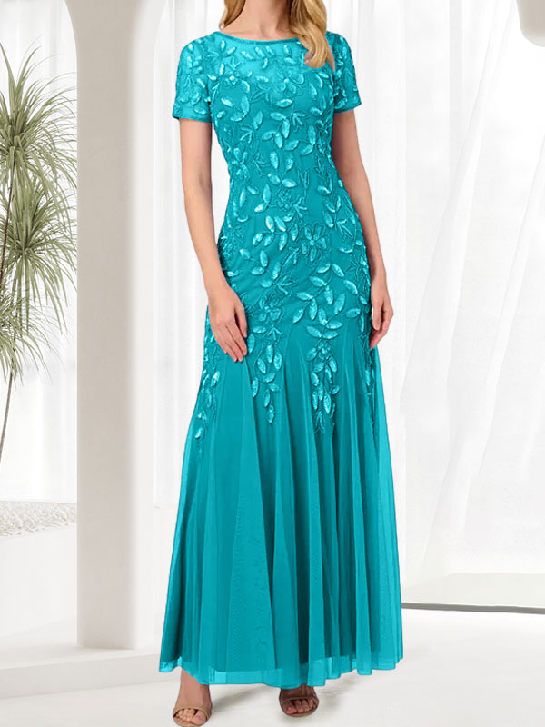 Vestido largo de sirena azul con cuello redondo para madre de la novia con abalorios