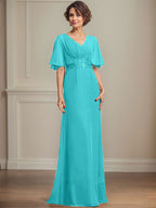 A-Linien-Kleid aus Chiffon mit V-Ausschnitt, bodenlang, für die Mutter der Braut, mit plissierten Paillettenapplikationen und Spitze