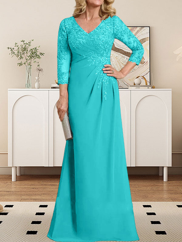 Etuikleid/Säulenkleid mit V-Ausschnitt, Illusion-Detail, bodenlang, aus Chiffonspitze und plissierten Pailletten für die Mutter der Braut 
