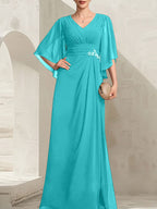 Vestido de gasa para madre de la novia, con escote en V, largo hasta el suelo, con lentejuelas plisadas y abalorios.