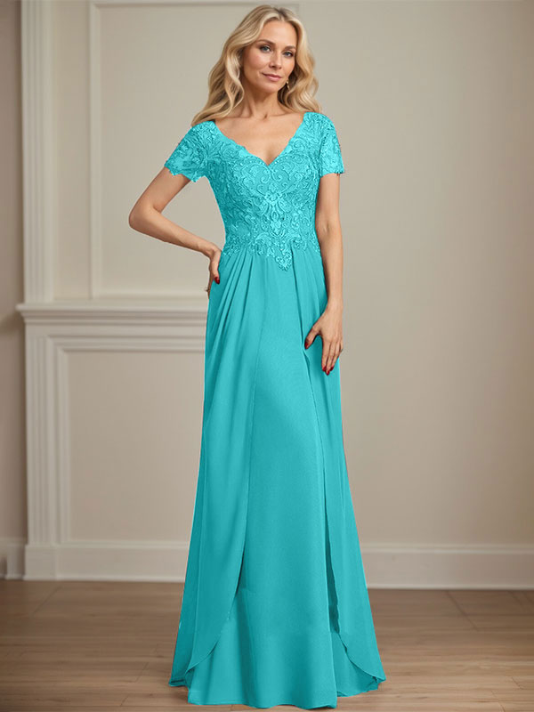 Vestido de gasa con encaje y escote en V hasta el suelo para madre de la novia